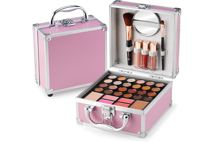 Color Nymph Beginner Makeup Kit For Teens With The Small Cosmetic Train Case Included 24-Colors Eyeshadow Palette Blushes Bronzer Highlighter Lipstick Brushes Mirror(Pink)