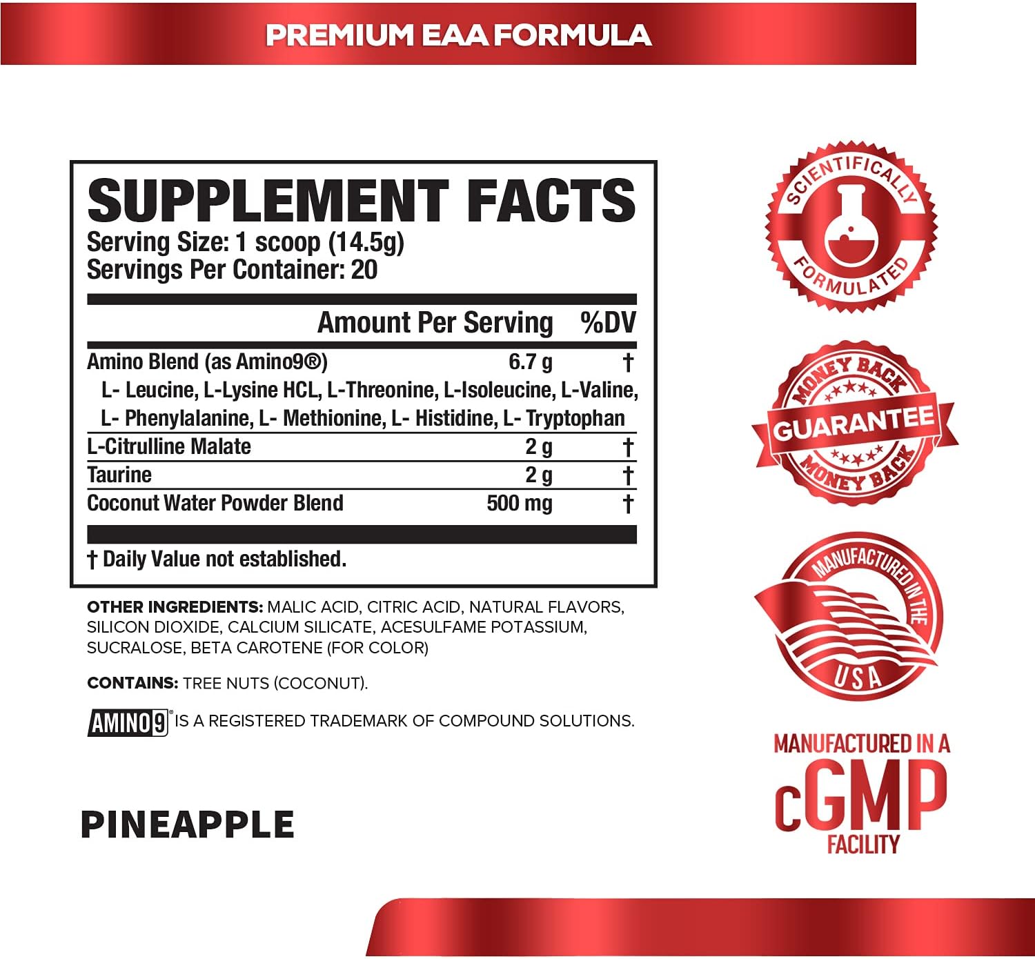 EAA Surge Premium EAA Formula - Essential Amino Acids Intra Workout Powder Supplement w/L-Citrulline, Taurine, and More for Muscle Building, Strength, Pumps, Endurance, Recovery - Pineapple, 20sv: Health & Personal Care