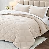 MUXHOMO 7 Pieces Queen Comforter Set, Reversible Bed in a Bag Queen Size, All Season Bedding Set with Comforter, Flat Sheet, Fitted Sheet, Pillowcases & Shams, Beige & White