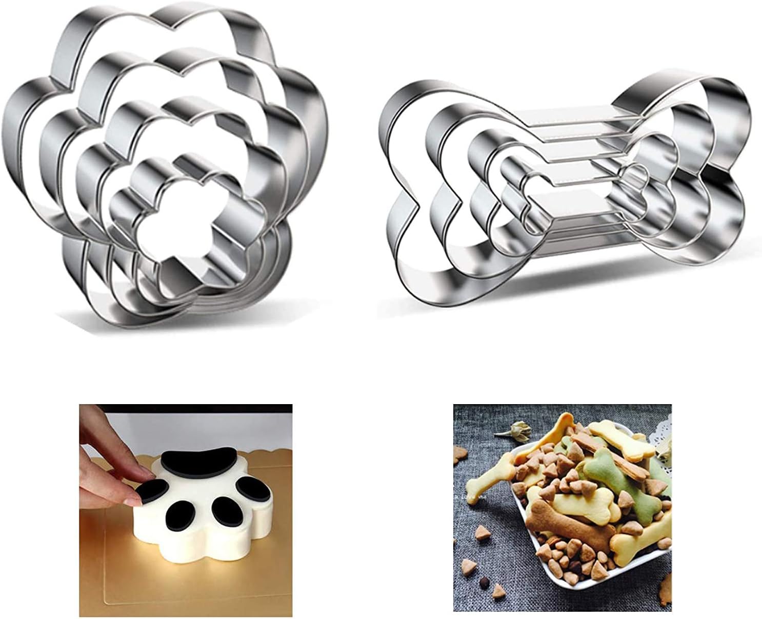 8PCS - Dog Cookie Cutter Set - Dog Bone and Dog Paw Print Biscuit Cookie Mold for Homemade Treats - Stainless Steel(Assorted Sizes)