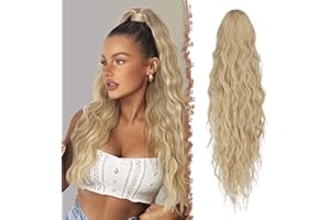 FESHFEN Long Ponytail Extensions, Drawstring Clip in Curly Wavy Hairpieces Synthetic Ponytails Hair Piece Pony Tail Extension
