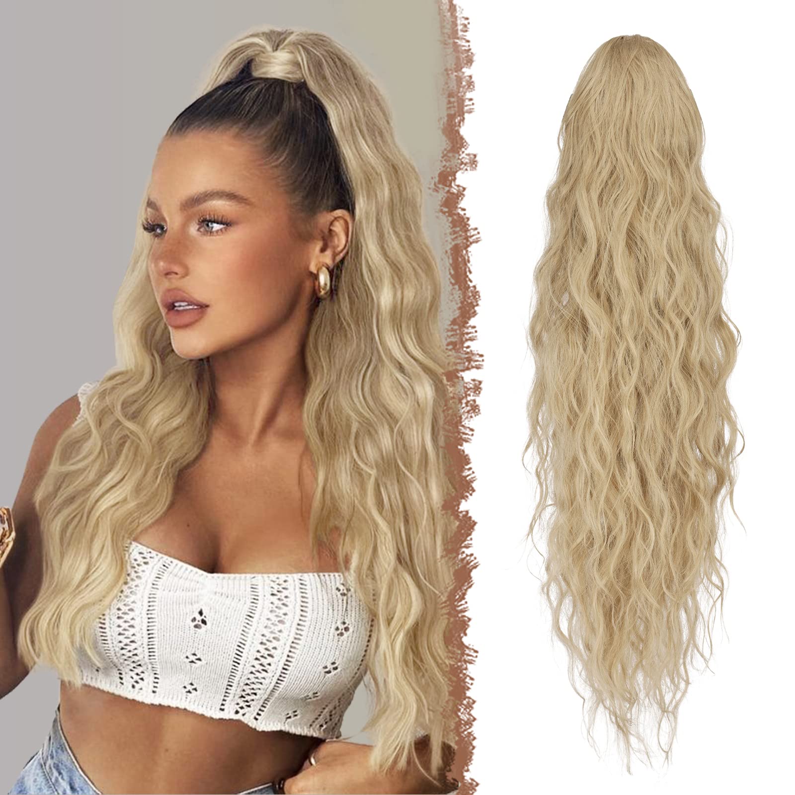FESHFEN Long Curly Wavy Drawstring Ponytail Extensions Clip in Wavy Synthetic Hairpieces Ash Blonde Drawstring Ponytail Curly Hair Piece Pony Tail Extension for Women, 26 inch — image 1