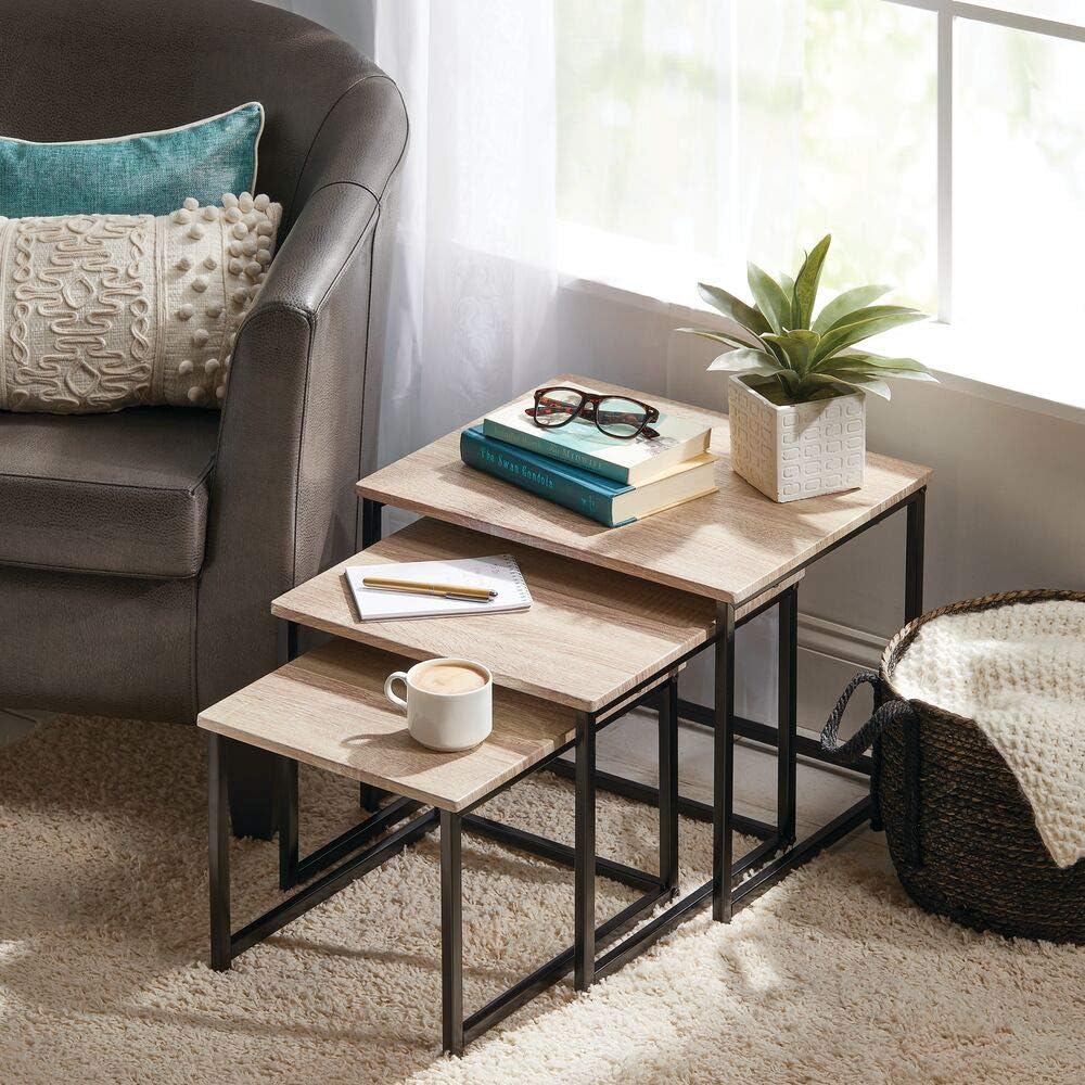 mDesign Modern Farmhouse Nesting Side/End Table - Metal Wood Design - Sturdy Vintage, Rustic, Industrial Home Decor Accent Furniture for Living Room, Bedroom - Set of 3 - Natural/Black: Home & Kitchen