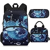 SCRAWLGOD Blue Axolotl Backpack with Lunch Box Kids Girls 6-8/8-10/10-12 Salamander Kids Bookbags for 4th Grade Girls 15 Inch Book Bag Lunchbox Pencil Case Set Elementary School Bag Lunch Bag