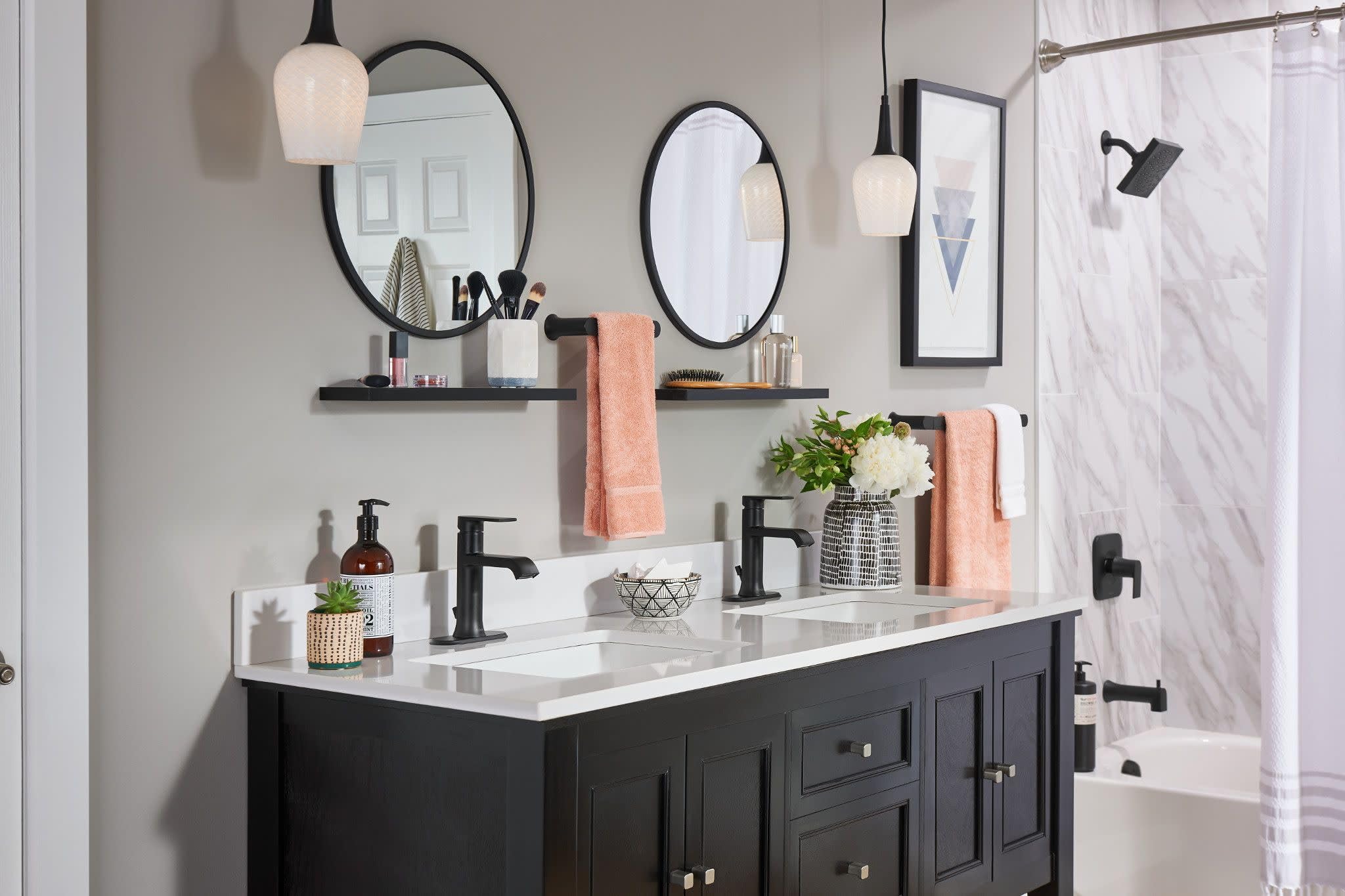 Moen Genta LX Matte Black Pressure Balancing Modern Shower Set with Showerhead Lever Handle, and Tub Spout, Posi-Temp Valve Required, T2473EPBL