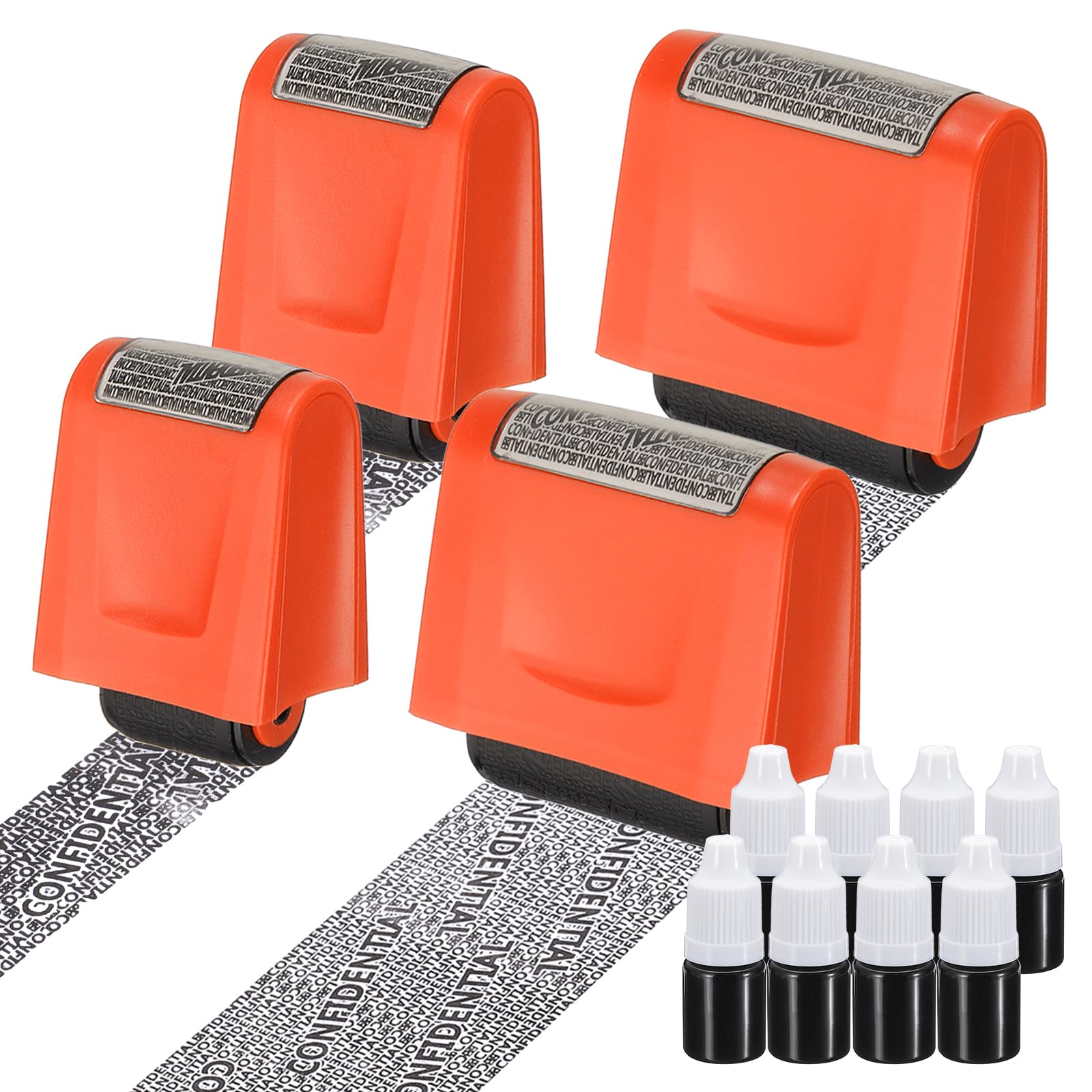 PATIKIL Identity Theft Protection Roller Stamp, 4Pcs 0.7/1.7" Confidential Roller Stamp Privacy ID Police Stamp Roller for Security ID Address with 8Pcs Refills, Orange