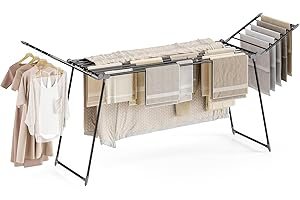 APEXCHASER Clothes Drying Rack Foldable, Large Drying Rack for Clothing Retractable, Winged Laundry Rack Folding Indoor Outdoor, Metal Clothes Airer for Bedding Towel Sweater Heavy Duty, Black