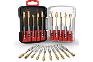METOTY 10PCS Titanium Gold Carbide Burr Set for Die Grinder Bits, 1/4" Quick-Change Shank,Compatible with Milwaukee & DeWalt | Metal/Wood/Stone Grinding & Cutting | Premium Storage Case