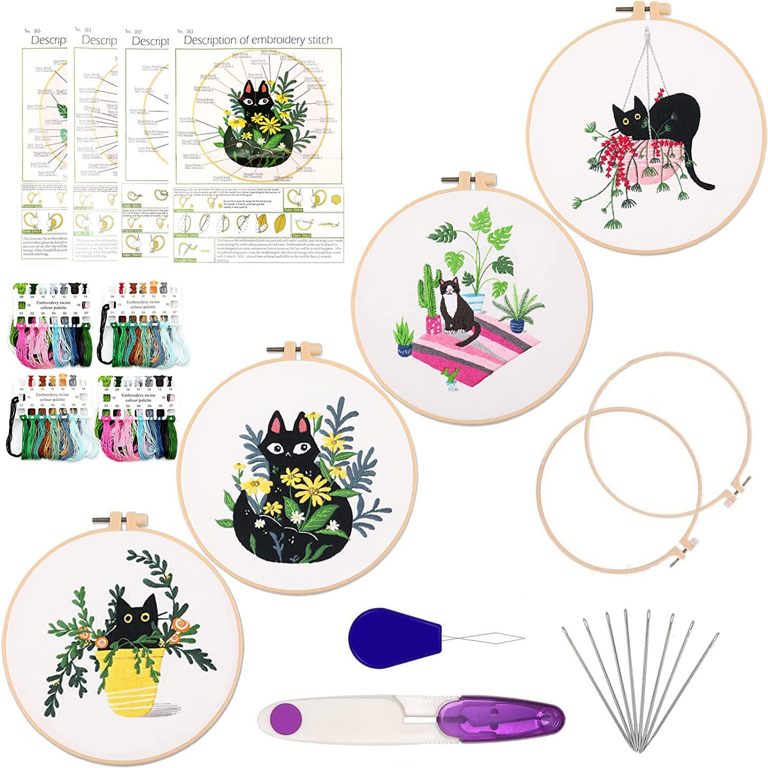 MINGHAM 4 Pack Cat Pattern Embroidery kit with Patterns and Instructions for Beginners Cross Stitch Kits for Adults,with 2 Embroidery Hoops, 1 Pair of Scissors, Colored Threads and Needles