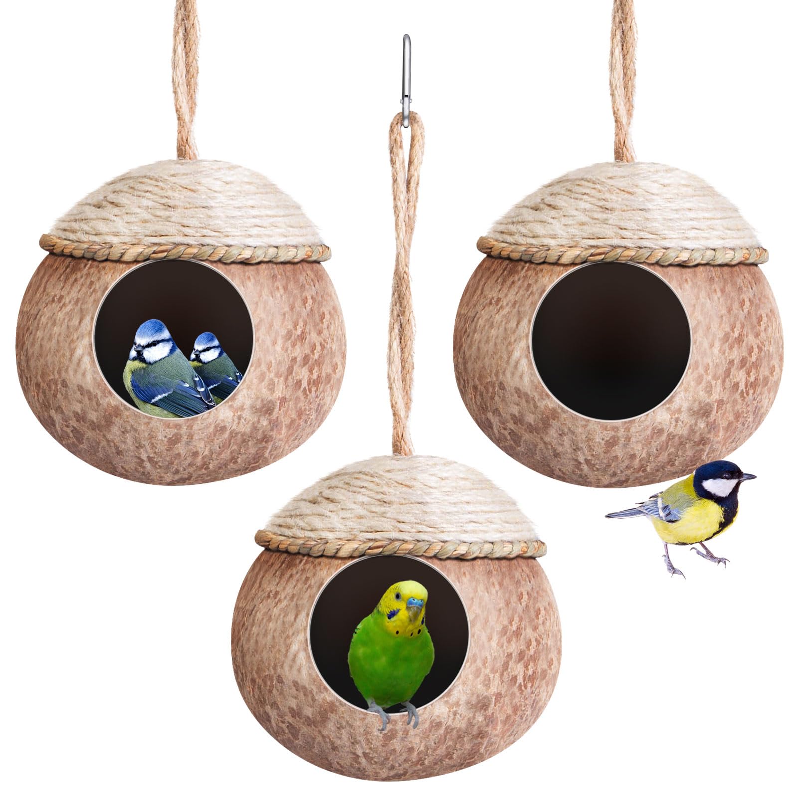 Photo 1 of Suzile 3 Pcs Natural Coconut Bird Nest - Woven Straw Hanging Hut for Cage - Habitats Decor for Parrot, Cockatiel, Lovebird, Finch, Squirrel, Hamster