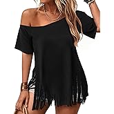 Remidoo Fringe Tops for Women Off Shoulder Tshirts Sexy Short Sleeve Distressed Shirts Summer Loose Tee