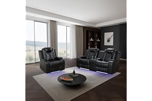 SIENWIEY Power Black Leather Reclining Sofa Set with LED Light for Living Room Set，Double Recliner Loveseat and Chair Set Home Theater Seat Recliner Loveseat Recliner with Storage Console/USB Port
