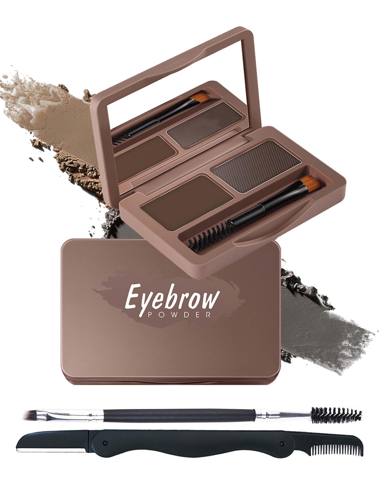 Eyebrow Powder Kit-2 Colors Soft Eye Brow Tinted Powder Palette, Waterproof & Long Lasting Natural Gray Brown Brow, Professional Eyebrow Contour Makeup Set for Women with Mirror and Brush & Razor-2#