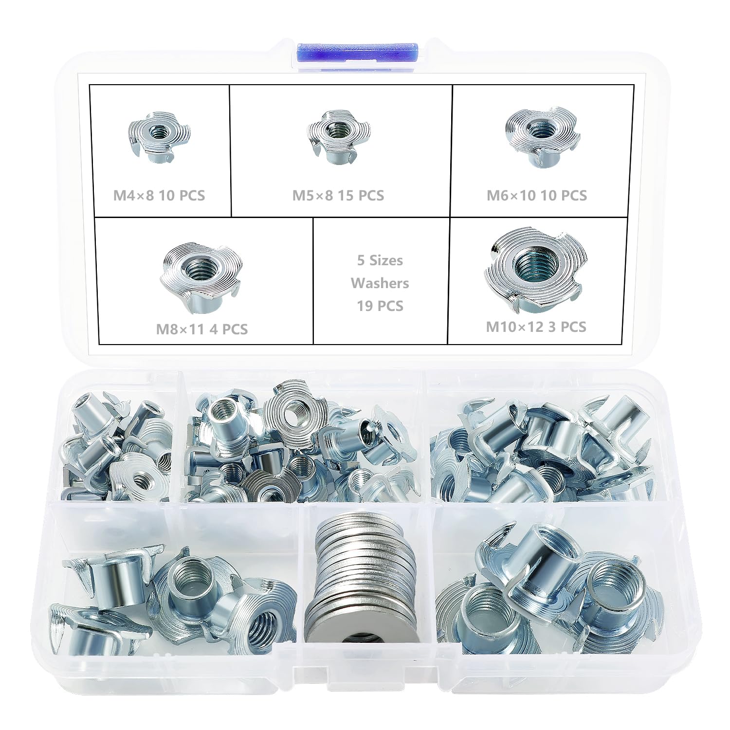 Lyeteung 42 PCS M4/M5/M6/M8/M10 T Nuts Set, Four Pronged Tee Nuts, Threaded Insert T Nut, with 19 PCS Washers, for Wood, Cabinetry, Furniture