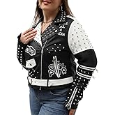 Bellivera Faux Leather Jacket for Women Studded Rivet Floral Moto Biker Short Lapel Coat