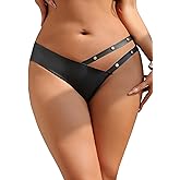 ohmydear Womens Sexy Punk Underwear Studded Waistband Sheer Mesh Panties Comfort PU Leather Underwear Hipster Briefs