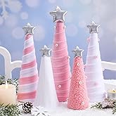 Realspring 5 Pcs Pink White Velvet Christmas Cone Tree Table Decoration Modern Xmas Tree Tabletop Centerpiece Ornaments for Mantel Fireplace Home Farmhouse Kitchen Party Crafts, 3 Sizes