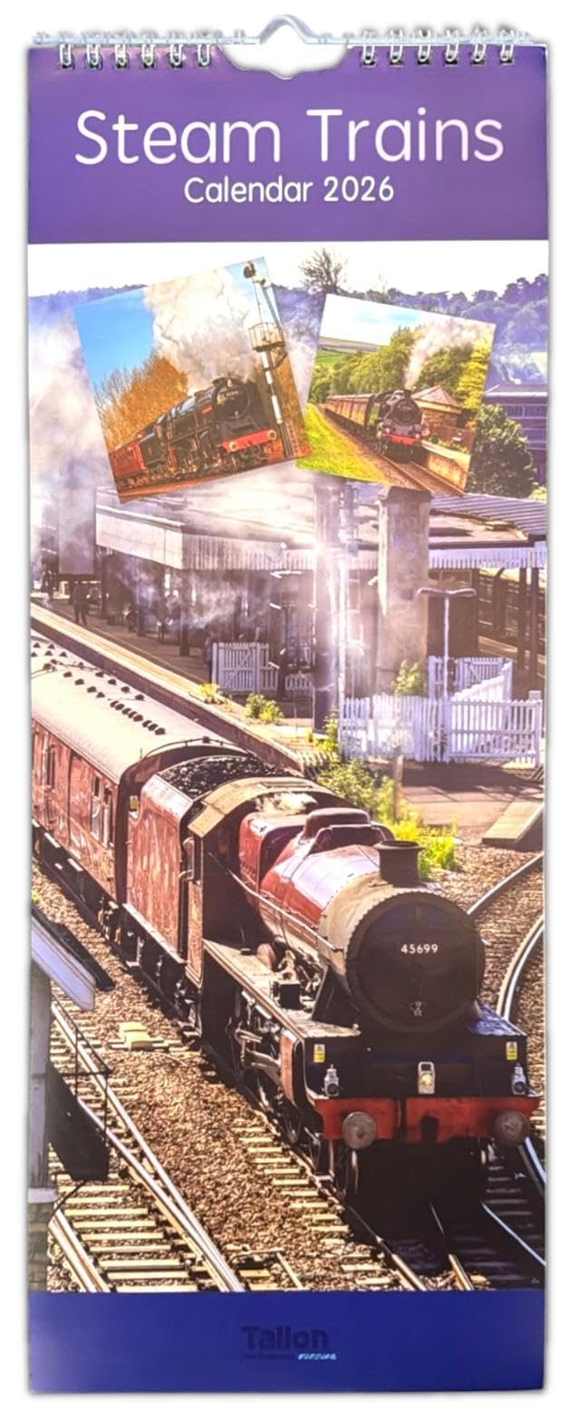 2026 Super Slim Month to View Spiral Bound Hanging Wall Calendar Home Office (STEAM TRAIN)