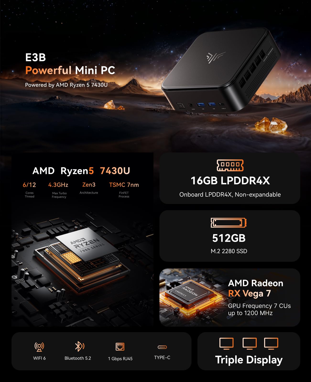 NiPoGi E3B Mini PC AMD Ryzen 5 7430U(Bis zu 4,3GHz) 16GB LPDDR4 512GB SSD mit AMD Radeon Graphics Micro Desktop Computer Für Büro/Heimkino/Meeting/Business/Trip |WiFi 6|BT 5.2|USB3.2 2