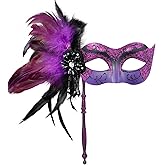 MYSEUNI 2025 New Masquerade Mask for Women with Stick - Shiny Women's Feather Mardi Gras Venetian Mask for Costume Accessory