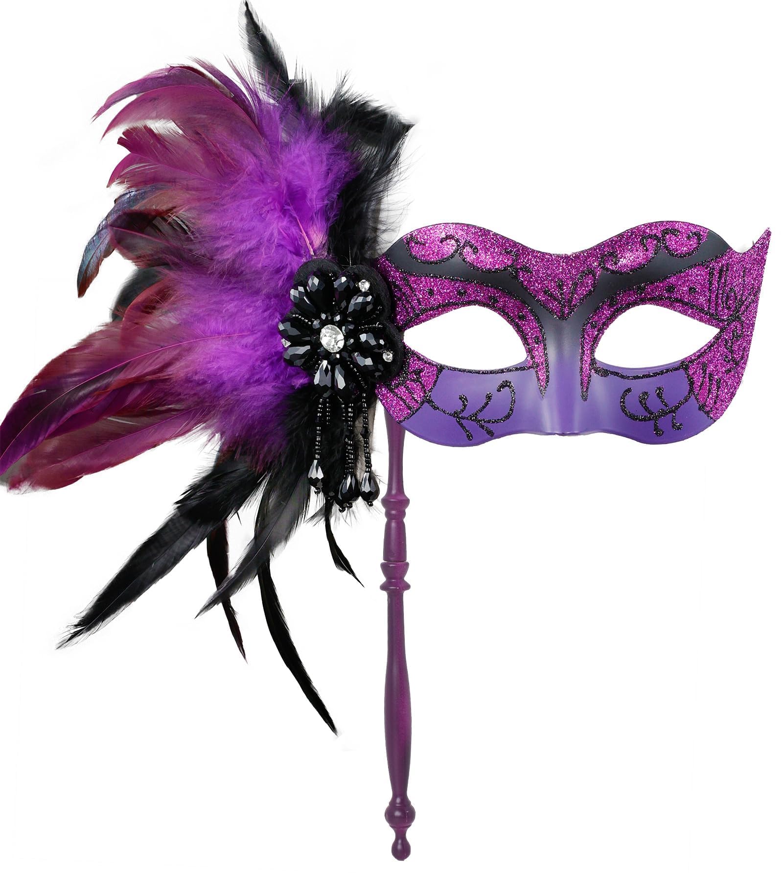 MYSEUNI 2025 New Purple Masquerade Mask for Women with Stick - Shiny Women's Feather Purple Mardi Gras Mask for Halloween Parties, Carnival, Cosplay Prom, Christmas, Wedding, Bar, Costume Accessory