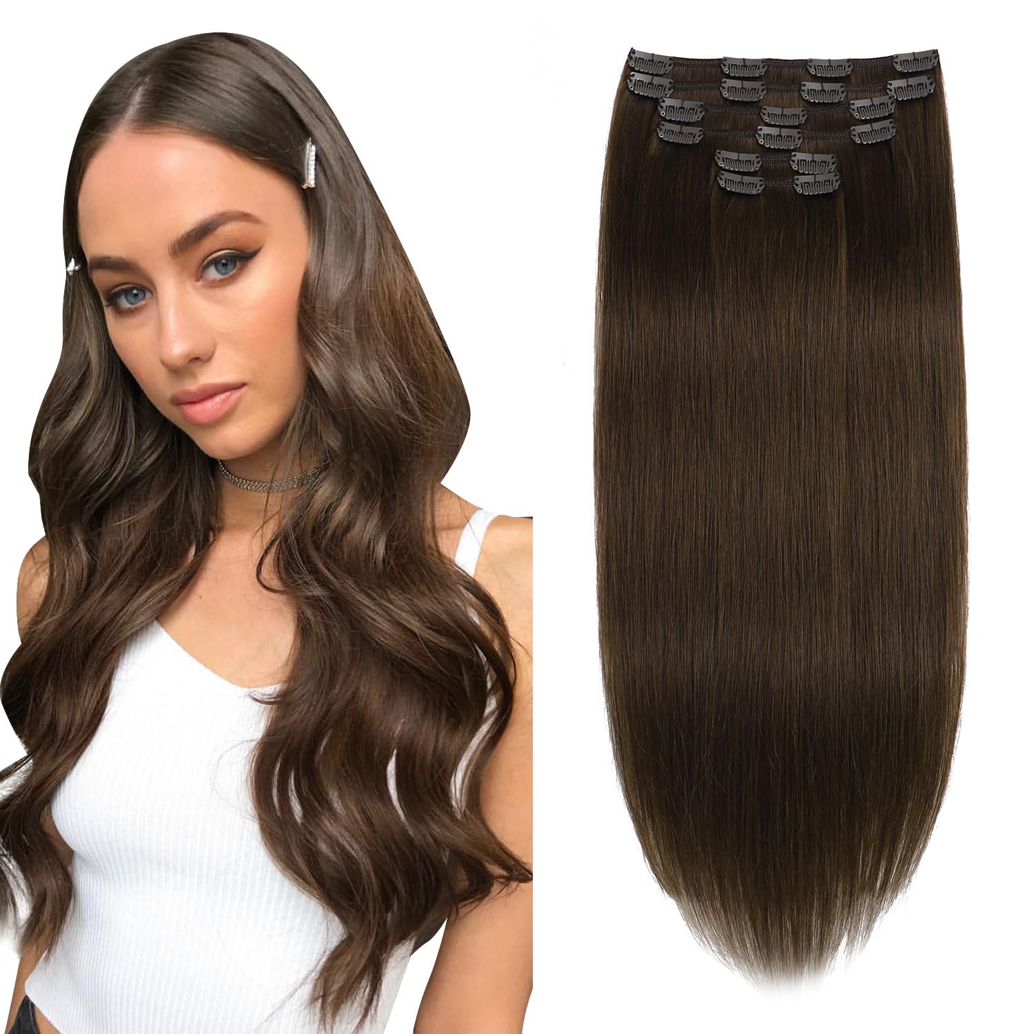 XDhair Clip in Hair Extensions 120g 6pcs 18 Inch Medium Brown Human Hair Extensions Natual Straight Human Hair Clip in Real Extensions for Women #4 18inch