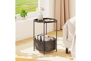 Garden 4 you Small Side Table, Round End Table, Tray Table with Fabric Storage Basket, Modern Nightstand for Living Room, Bedroom, Patio, Small Space, Black