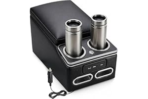 Universal Truck Center Console Organizer with LED Light, USB Port, Cup Holders, Armrest, and Padded Lid - Black Storage Conso