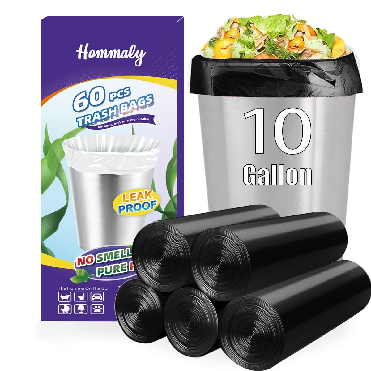 Photo 1 of 10 Gallon 60pcs Black Trash Bags Strong Black Garbage Bags, Bathroom Trash Can Bin Liners, Plastic Bags for Office Home Kitchen, Waste Basket Liner, Fit 30 Liter, 10 Gal(10G60-Black)