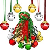 Gejoy 36 Pieces Christmas Bell Necklaces Decorations Gold Red Green Silver Xmas Bell Necklaces Bulk with Ribbons for Holiday Party Accessories Stocking Stuffers