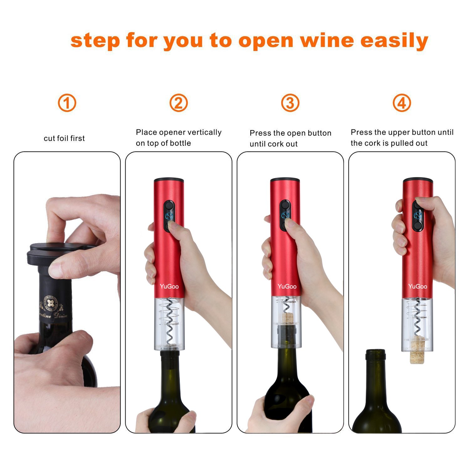 Wine Opener YUGOO Automatic Electric Bottle Opener with Foil Cutter, Vacuum Stopper, Wine Aerator Pourer as Gift Set, - Red