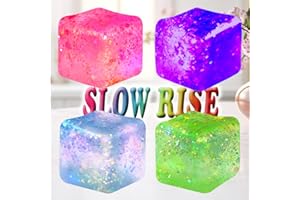 YiLUAN 4Pack Glitter Squishy Cube - Fidget Toys for Kids, Slow Rise Stress Cubes for Adults, Ice Cube Squishy Malt Sugar Stress Balls for Anxiety Relief & Classroom Fidget(Blue/Pink/Purple/Green)