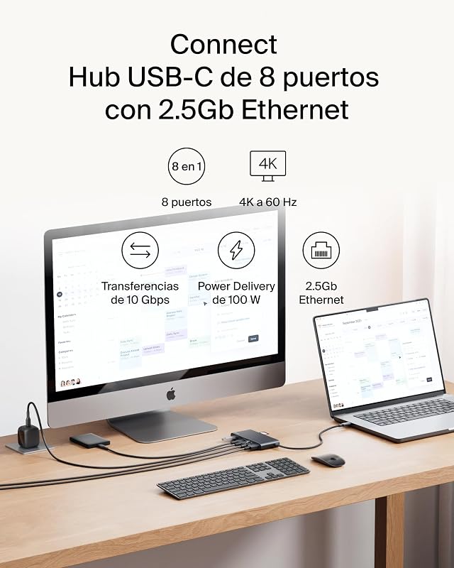 Connect Hub USB C de 8 Puertos, Adaptador USB C con Vídeo con Resolución 4K a 60 Hz, para Mac, Windows y Chromebook, Power Delivery a 100 W, Transferencias de 10 Gbps y 2.5Gbps Ethernet - Negro