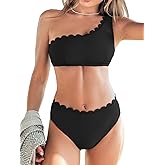 CUPSHE Women's Bikini Sets Two Piece Bathing Suit One Shoulder Scalloped Wide Strap Back Hook