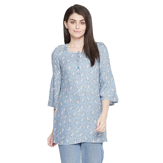 Light Blue Printed Round Neck Bell Sleeve Rayon Short Kurti for Women