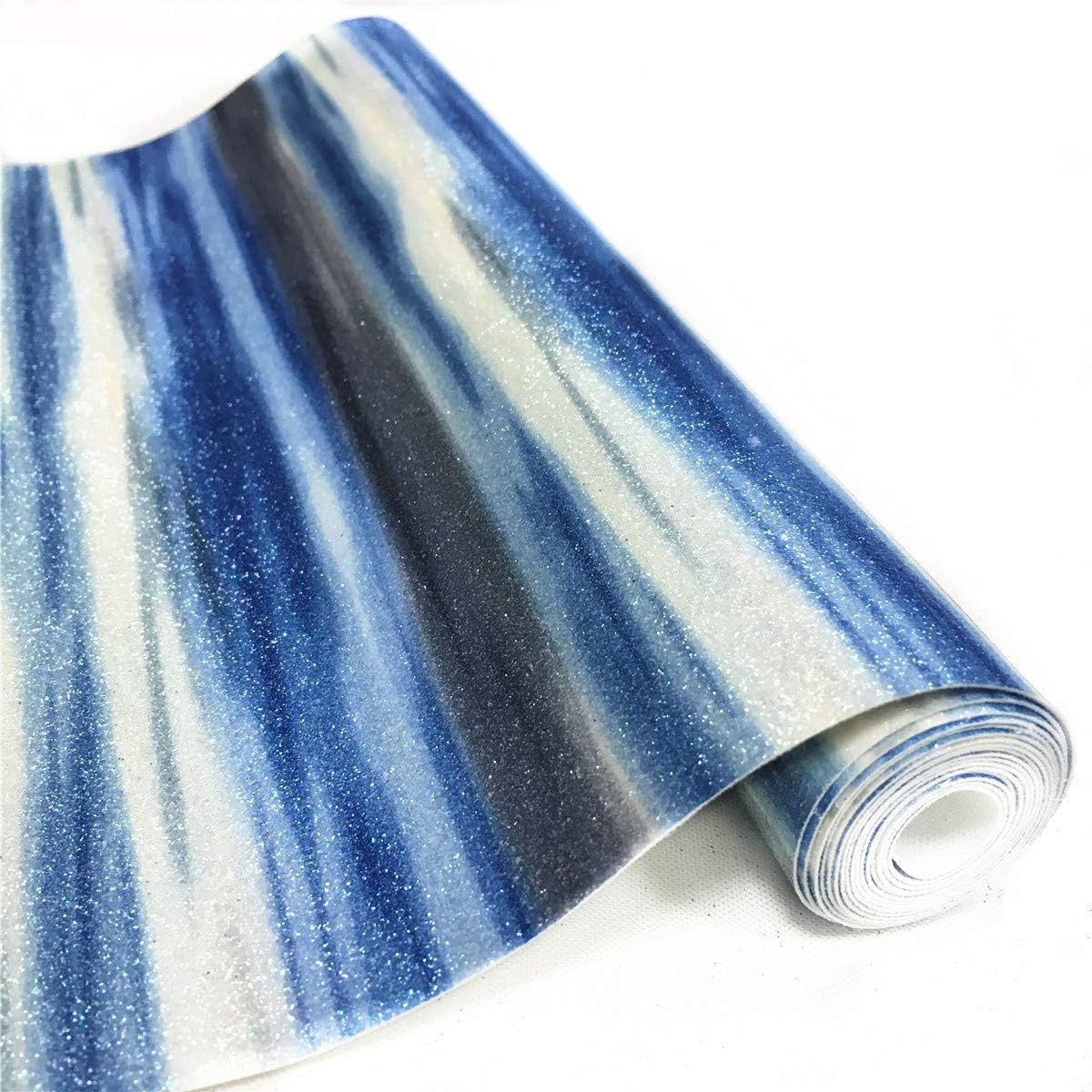 ZAIONE Rainbow Stripe Fine Glitter Fabric 8” x 53” (21cm x 135cm) Roll Canvas Back Sparkle Sheet Roll Leather Bows Crafts Decor for Shoes Bag Sewing Patchwork DIY Applique (Ocean Blue)