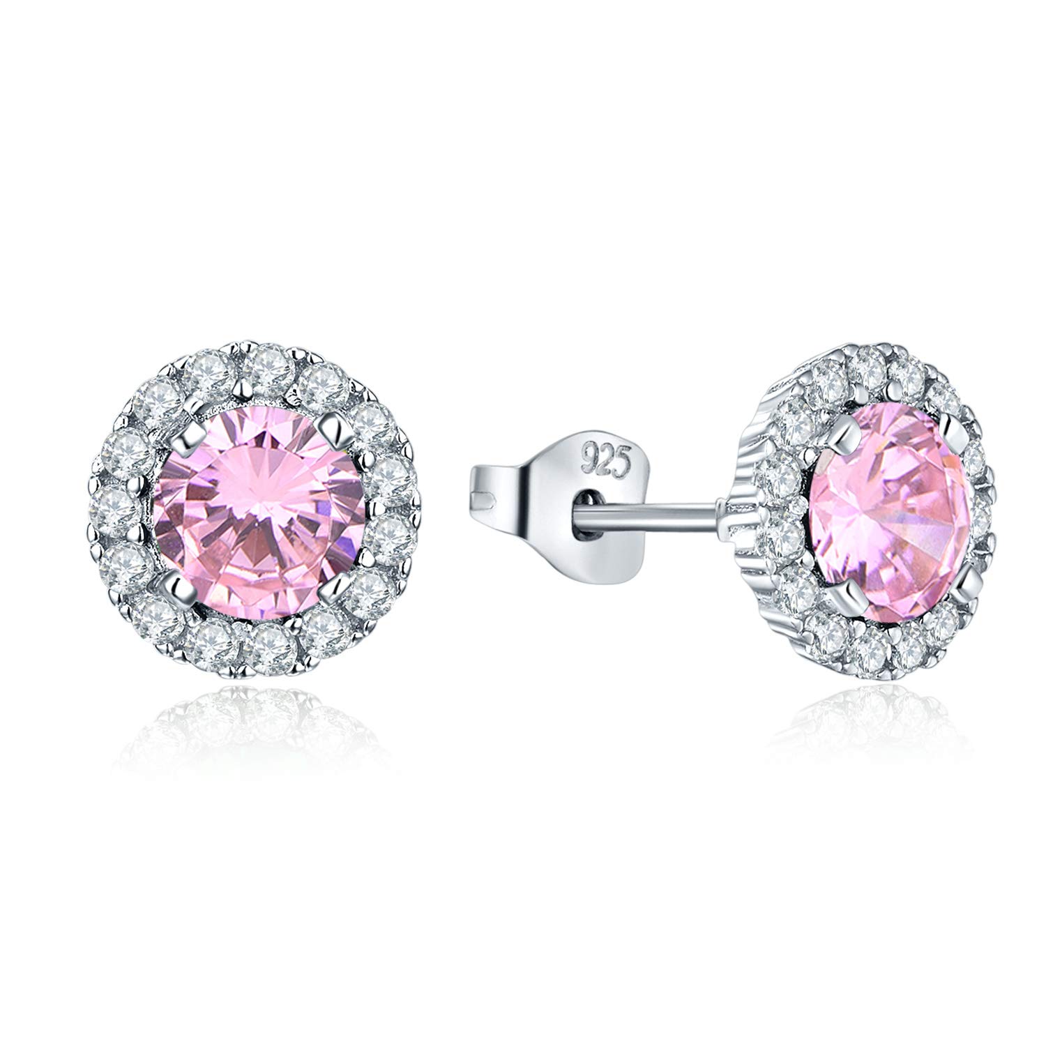JO WISDOM Women Earrings,925 Sterling Silver 3A Zirconia October Birthstone Pink Tourmaline Color Stud Earrings with White Gold Plated,Jewellery for Women — image 1