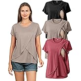 Rnxrbb 3 Pack Women's Nursing Tops for Breastfeeding Summer Short Sleeve T Shirts Postpartum Double Layer Clothes