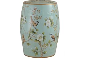 HYFANIYH Ceramic Drum Garden Stool, Bird and Flower, Classic, Cottage, French Country,Bathroom, Garden Room, Patio (Light Blue)