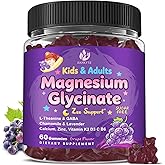 Sugar Free Magnesium Glycinate Gummies for Kids & Adults - Zzz Support, Relaxation & Cognition Support, 200/400mg Magnesium Gummies with L-Theanine, GABA, Calcium, B6, D3, C & K2, Grape Flavor, 60 Ct