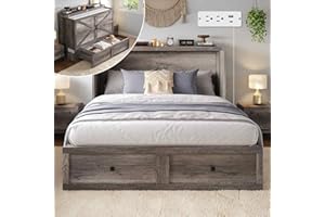 LUXOAK Full Size Murphy Bed, Cabinet Bed with Charging Station Large Storage Drawer for Home Office or Small Room, Hideaway Bed Full Foldable Platform Bed, Rustic Grey