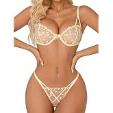 Lilosy Sexy Lingerie Set 2 Piece Women Push Up Bra and Panty 3XS-5XL | Cute Heart Embroidered Strappy Petite Sheer Mesh Bridal Bachelorette Wedding Underwire Exotic Honeymoon Valentine's Boudoir