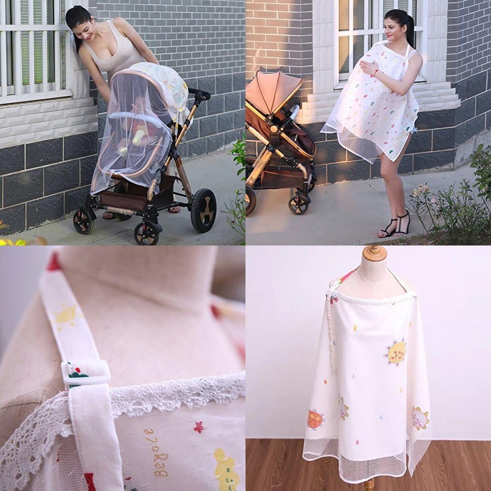 Nursing Infant Feeding Cover |2 Layers Lace and 100% Cotton |Best Breastfeeding Cover up Scarf |Stroller Anti-mosquito net sunshade |Apron Full Coverage Udder |Multifunctional (White with sun)