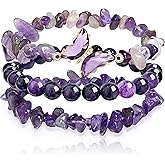 HiheXien 3-Pack Amethyst Butterfly Healing Bracelet for Women, Purple Beaded Charm Bracelet for Mom, Wife, Daughter, Sister