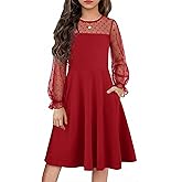 Flypigs Girl's Dress Sheer Mesh Puff Long Sleeve High Waist Party Dresses with Pockets for 6-13 Years