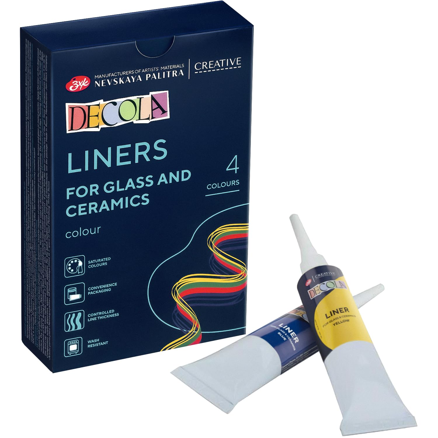 Decola Acrylic Liners - Water Based 4x18ml For Porcelain And Glass - Four Pieces In The Colours Yellow, Red, Blue And Green - Made By Nevskaya Palitra