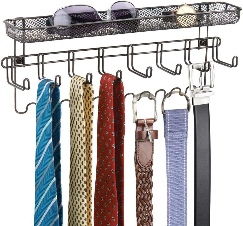 Amazon Com Mdesign Closet Wall Mount Men S Accessory Storage Organizer Rack Holds Belts Neck Ties Watches Change Sunglasses Wallets 19 Hooks And Basket Bronze Home Kitchen