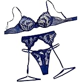 SOLY HUX Women's Push Up Lingerie Floral Mesh Bra and Thongs Panty with Garter Belt Sexy Underwear