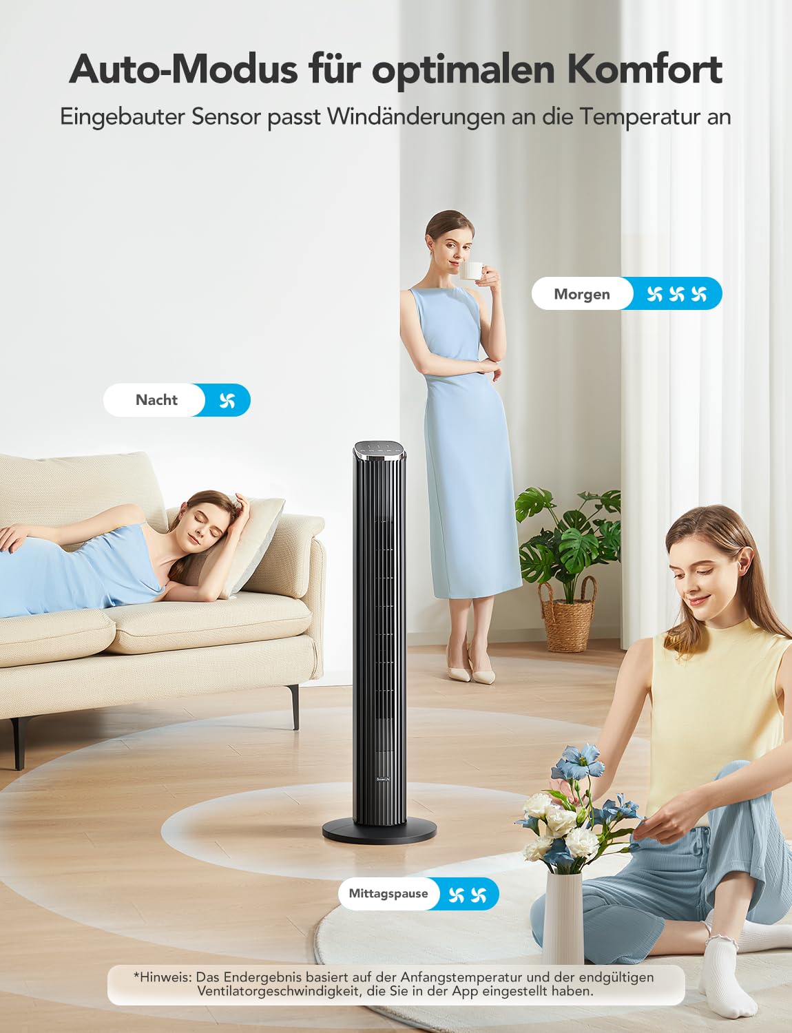 GoveeLife Intelligente leiser Turmventilator, 75° Oszillierende Ventilatoren mit App- und Sprachfernbedienung, 6.3m/s Geschwindigkeit 8 Geschwindigstufen 5 Modi 24 Std-Timer, mit Kühlung 6