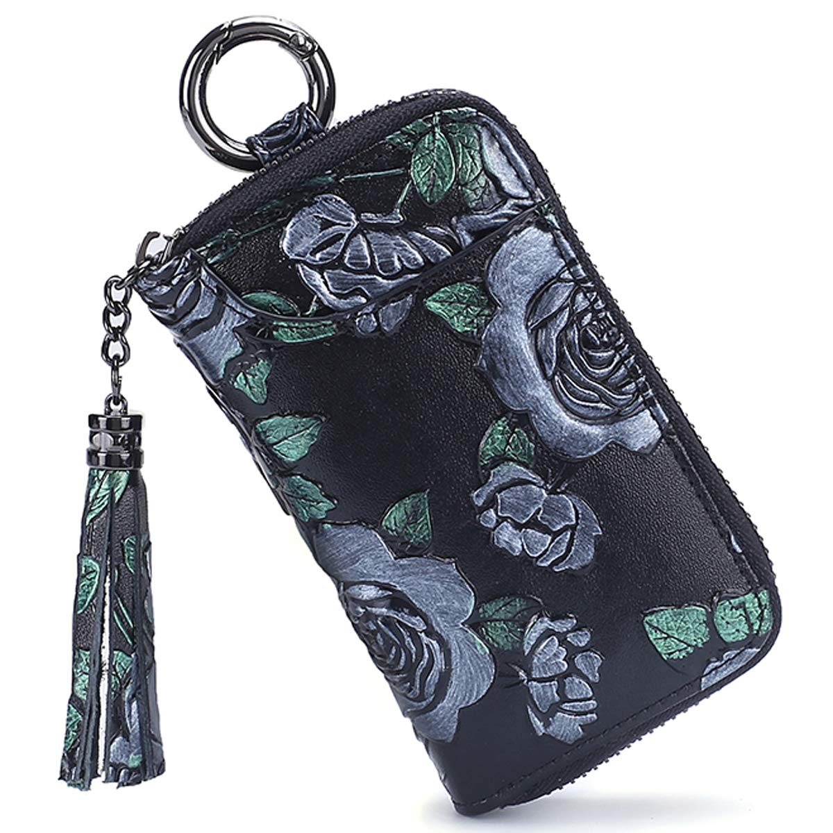 Aileder Key Wallets for Women Ladies Leather Key Pouch Keyring Purse Wallet Hand Painted Flowers Car Key Case Holder with 8 Key Hooks Card Slots Tassel Zipper (Silver Rose)